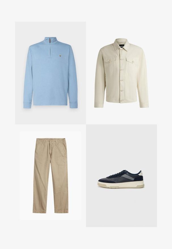 Veste en denim beige clair avec un col classique, fermeture à boutons sur le devant, deux poches poitrine et détails de couture subtils. Texture lisse.; Polo Ralph Lauren ESTATE RIB QUARTER ZIP PULLOVER - Pullover - vessel blue; Chinos beiges à jambes droites avec passants de ceinture, fermeture par bouton et fermeture éclair à l'avant, et poches avant en biais.; BOSS BALTIMORE - Baskets basses - open blue