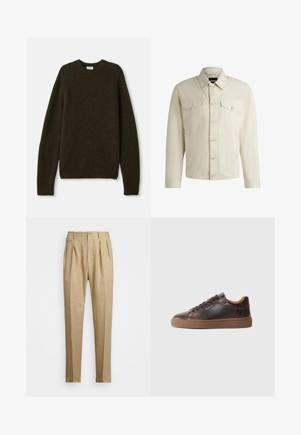 Giacca di jeans color beige chiaro con colletto classico, chiusura frontale con bottoni, due tasche sul petto e dettagli di cucitura sottili. Texture liscia.; Maglione a maglia verde scuro con collo rotondo, maniche lunghe e orli a coste. Realizzato in morbido tessuto di misto lana dalla texture unica.; Pantaloni in lino beige con taglio dritto, dotati di due pince anteriori, chiusura con bottone e tasche laterali. Tessuto testurizzato con una finitura liscia.; GANT MC JULIEN - Sneakers basse - dark brown
