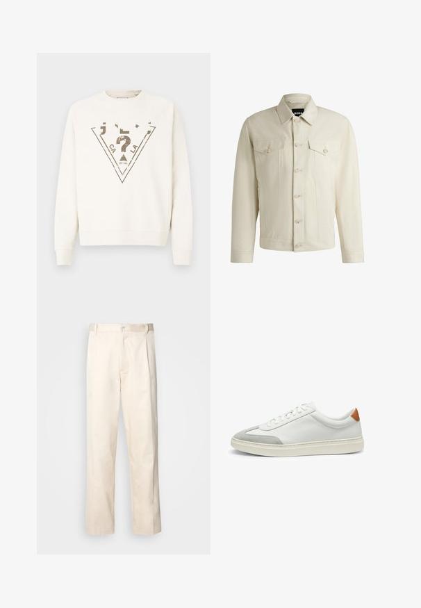 Vaalea beige farkkutakki, jossa on klassinen kaulus, nappikiinnitys edessä, kaksi rintataskua ja hienovaraiset tikkausten yksityiskohdat. Silkkinen rakenne.; Kremainen huppari, jossa on pyöreä kaula-aukko ja raglan-hihat. Esittelee suurta tummanharmaata kolmiomaista graafista kuvaa, jossa on kuluneita kirjaimia ja korostuksia.; Vaaleanbeige puuvillahousut, joissa on suora lahje, varustettu nappisulkeisella ja etupuolella olevilla laskoksilla lisäyksinä.; Valkoiset nahkakengät, joissa on harmaat mikrokuituakkentit ja vaaleanruskea nahkakanta. Ominaisuuksiin kuuluu teksturoitu pinta ja kevyt pohja.