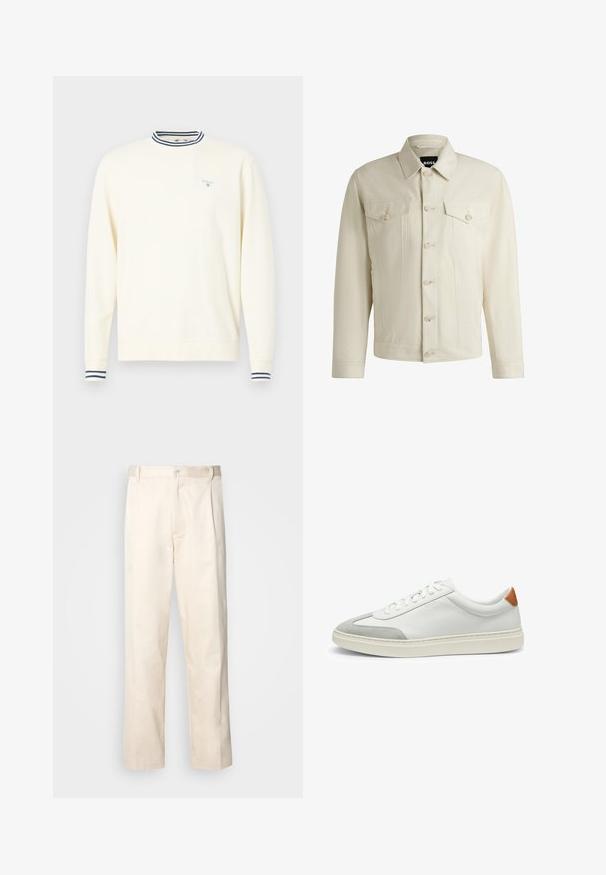 Jasnobeżowa kurtka dżinsowa z klasycznym kołnierzem, zapięciem na guziki z przodu, dwiema kieszeniami na piersi oraz subtelnymi detalami ściegów. Gładka tekstura.; Kremowy sweter z długimi rękawami, w paski granatowo-białe ściągacze kołnierza i mankietów, z małym niebieskim logo na klatce piersiowej.; Beżowe bawełniane spodnie o prostym kroju nogawki, z zapięciem na guziki i plisami z przodu dla dodatkowego zdobienia.; Białe skórzane tenisówki z szarymi zamszowymi akcentami oraz brązowym skórzanym zapiętkiem. Posiadają teksturowaną powierzchnię i lekką podeszwę.