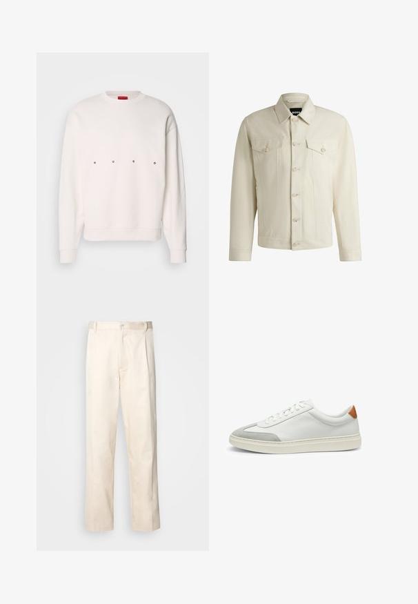 Light beige denim jacket with a classic collar, front button closure, two chest pockets, and subtle stitching details. Smooth texture.; White sweatshirt with a ribbed texture, relaxed fit, and round neck. Features "HUGO" printed in black on the front. Ribbed cuffs and hem.; Beige cotton trousers with a straight-leg cut, featuring a button closure and pleats at the front for added detail.; White leather sneakers with gray suede accents and a tan leather heel tab. Features a textured surface and lightweight sole.