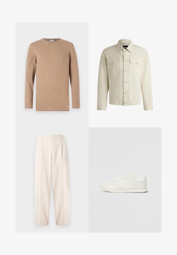 Vaalea beige farkkutakki, jossa on klassinen kaulus, nappikiinnitys edessä, kaksi rintataskua ja hienovaraiset tikkausten yksityiskohdat. Silkkinen rakenne.; Pitkähiha, pyöreäkauluksinen paita beigen sävyssä, valmistettu pehmeästä kankaasta. Ominaisuuksiin kuuluu sileä pinta ja hienovarainen ribbitoppaus kaula-aukossa.; Beige räätälöidyt housut korkealla vyötäröllä, laskoksilla ja suoranlahkeisella muotoilulla. Valmistettu sileästä kankaasta, jossa on sivutaskut ja siisti viimeistely.; Valkoiset tennarit, joissa on verkkokankainen ja synteettinen yläosa, pyöreä kärki, litteät nauhat sekä teksturoitu sivuviiru. Kumipohja ja vetoketju takana.