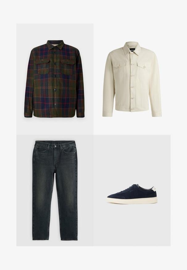 Lichtbeige denimjas met een klassieke kraag, sluiting met knopen aan de voorkant, twee borstzakken en subtiele stikdetails. Gladde textuur.; Geruite flanellen overhemd in donker groen, marineblauw en bordeauxrood met knoopsluiting aan de voorkant, twee borstzakken en een klassieke kraag. Geverfde stofafwerking.; Donkerblauwe denim jeans met een recht model, voorzien van vijf zakken, een ritssluiting en contrasterende stiksels. Subtiele vervaging op de stof.; Marineblauwe suède sneakers met een gladde stoffen bovenkant, witte rubberen zool en een eenvoudig vetersysteem. Beschikt over een klein logo aan de zijkant.