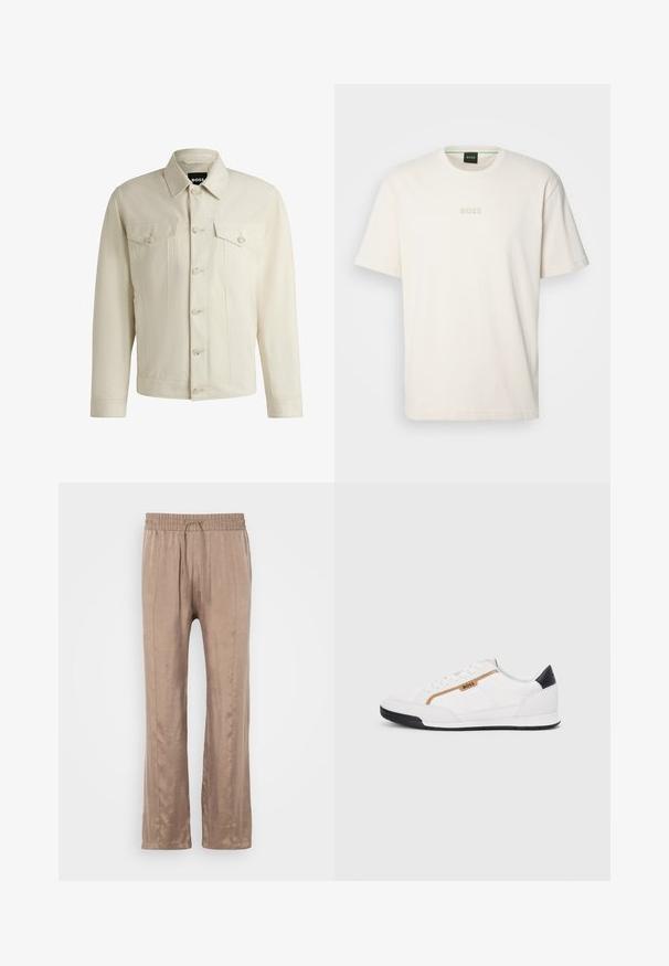 Giacca di jeans color beige chiaro con colletto classico, chiusura frontale con bottoni, due tasche sul petto e dettagli di cucitura sottili. Texture liscia.; BOSS TEE - T-shirt basic - open white; Pantaloni a gamba larga color marrone chiaro realizzati in tessuto morbido, con una vita elastica dotata di lacci e due pieghe frontali.; Scarpe sportive bianche con accenti in rete e pelle. Presentano un logo dorato "BOSS", pannelli laterali testurizzati e un copri tallone nero. Suola in gomma.