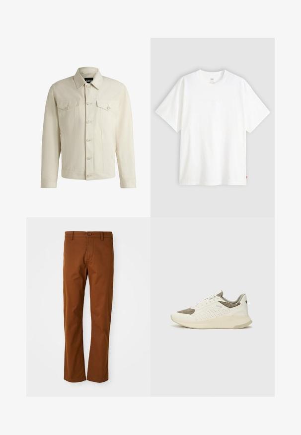 Helle beige Jeansjacke mit klassischem Kragen, vorderem Knopfverschluss, zwei Brusttaschen und dezenten Nähdetails. Sanfte Textur.; Weißes T-Shirt mit kurzen Ärmeln aus Baumwolle und rundem Halsausschnitt. Besitzt ein dezentes, geprägtes Logo-Detail auf der Vorderseite und ein rotes Etikett am Saum.; Braune Baumwollhose mit normalem Schnitt, ausgestattet mit einem Knopfverschluss, Gürtelschlaufen und geradem Bein. Glatte Textur ohne Muster.; Weiße und hellbeige Sport Sneakers, ausgestattet mit einem Obermaterial aus Netzgewebe, perforierten Details und einer strukturierten Zwischensohle mit Branding an der Ferse.