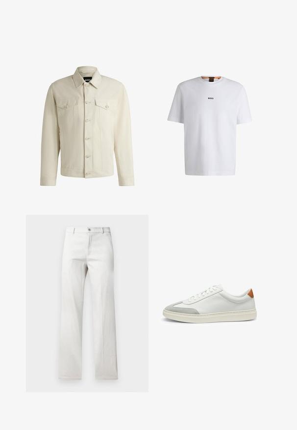 Giacca di jeans color beige chiaro con colletto classico, chiusura frontale con bottoni, due tasche sul petto e dettagli di cucitura sottili. Texture liscia.; T-shirt bianco in cotone con maniche corte, caratterizzato da un logo nero "BOSS" centrato sul petto e un design con scollo rotondo.; Pantaloni grigi chiari dallo stile a gamba dritta, realizzati in un tessuto morbido, con chiusura frontale a bottoni e tasche laterali.; Sneakers bianchi in pelle con accenti in suede grigio e un tallone in pelle beige. Presentano una superficie testurizzata e una suola leggera.