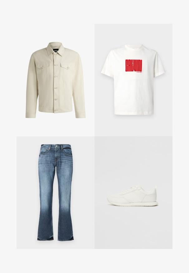 Giacca di jeans color beige chiaro con colletto classico, chiusura frontale con bottoni, due tasche sul petto e dettagli di cucitura sottili. Texture liscia.; T-shirt bianco in cotone con una grande stampa grafica rossa con la scritta "CALVIN KLEIN" sul davanti, con scollatura a girocollo e maniche corte.; Jeans flared in denim blu con vita media, design a cinque tasche e leggera sfumatura per un aspetto vissuto. Texture liscia in tutto il capo.; Sneaker bianco con tomaia in rete e materiale sintetico, punta tonda, lacciuoli piatti e una striscia laterale testurizzata. Suola in gomma con linguetta sul retro.
