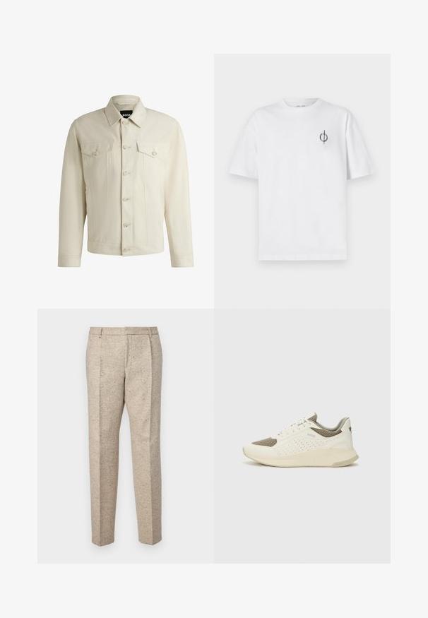 Helle beige Jeansjacke mit klassischem Kragen, vorderem Knopfverschluss, zwei Brusttaschen und dezenten Nähdetails. Sanfte Textur.; Weißes Baumwoll-T-Shirt mit lockerer Passform, das ein kleines schwarzes Grafiklogo auf der linken Brustseite aufweist. Kurze Ärmel, Rundhalsausschnitt.; Beige maßgeschneiderte Hose aus strukturiertem Stoff, mit zwei vorderen Falten, Gürtelschlaufen und geradem Bein.; Weiße und hellbeige Sport Sneakers, ausgestattet mit einem Obermaterial aus Netzgewebe, perforierten Details und einer strukturierten Zwischensohle mit Branding an der Ferse.