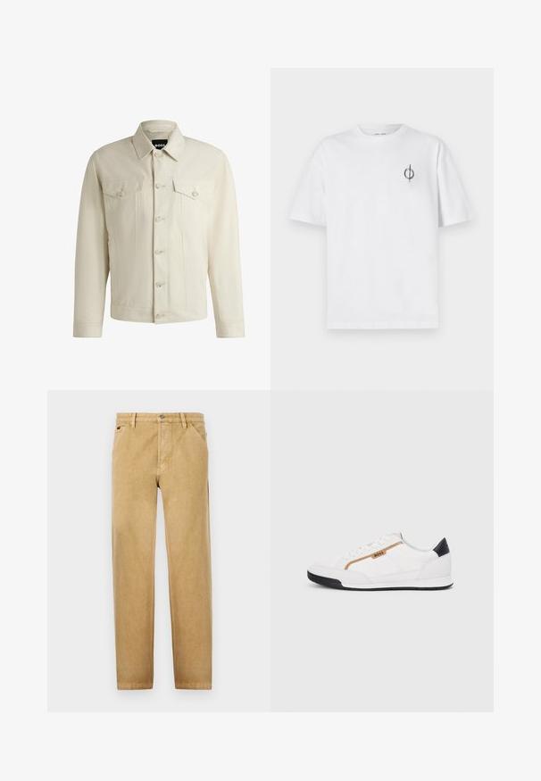 Giacca di jeans color beige chiaro con colletto classico, chiusura frontale con bottoni, due tasche sul petto e dettagli di cucitura sottili. Texture liscia.; T-shirt in cotone bianco con vestibilità rilassata, presenta un piccolo logo grafico nero nella zona sinistra del petto. Maniche corte, collo a giro.; Chino beige con un design a gamba dritta, realizzati in tessuto morbido. Presentano tasche frontali, una chiusura con bottone e dettagli di cucitura sottili.; Scarpe sportive bianche con accenti in rete e pelle. Presentano un logo dorato "BOSS", pannelli laterali testurizzati e un copri tallone nero. Suola in gomma.