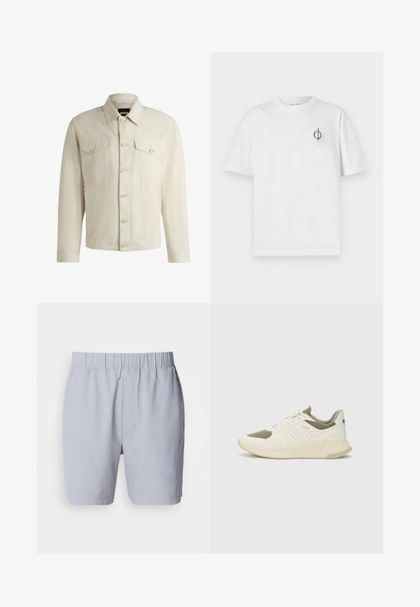 Giacca di jeans color beige chiaro con colletto classico, chiusura frontale con bottoni, due tasche sul petto e dettagli di cucitura sottili. Texture liscia.; T-shirt in cotone bianco con vestibilità rilassata, presenta un piccolo logo grafico nero nella zona sinistra del petto. Maniche corte, collo a giro.; Costumi da bagno grigi chiari con vita elasticizzata, due tasche laterali e un tessuto morbido e leggero. Nessun motivo o decorazione visibile.; Sneaker atletica bianca e beige chiaro, con tomaia in mesh, dettagli perforati e una suola intermedia texturizzata con marchio sul tallone.