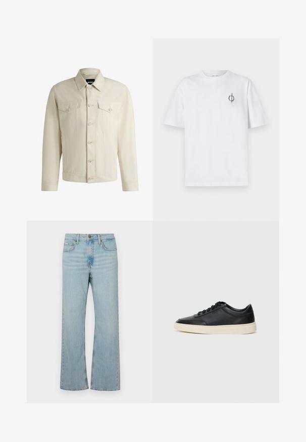 Ljus beige denimjacka med en klassisk krage, knappstängning framtill, två bröstfickor och subtila sömdetaljer. Slät textur.; Vit bomullströja med avslappnad passform, med en liten svart grafisk logotyp på vänster bröstområde. Korta ärmar, rundad hals.; Ljust blå denim jeans med utsvängd nederdel, medellång midja, fem fickor och kontrasterande sömmar. Har en dragkedja och metallknapp.; Svart låg skor i läder med svarta snören och off-white sula, visas i sidoprofil på vit bakgrund.