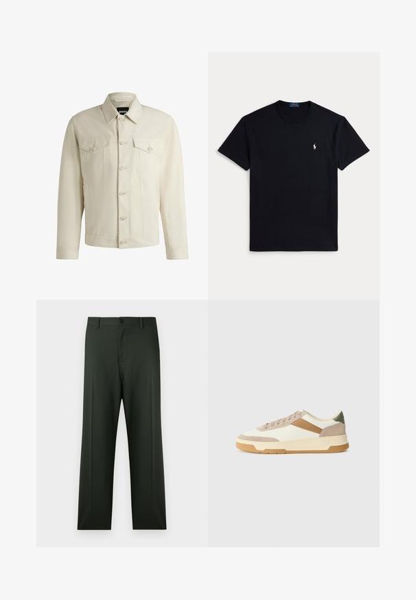 Light beige denim jacket with a classic collar, front button closure, two chest pockets, and subtle stitching details. Smooth texture.; Black cotton t-shirt featuring a crew neckline, short sleeves, and a small embroidered logo on the left chest. Smooth texture.; Dark green trousers with a straight cut, featuring a front button closure, belt loops, and a smooth, slightly textured fabric.; Sneakers in beige, cream, and olive green, featuring suede and leather materials, a round toe, minimalistic design, and a rubber sole.