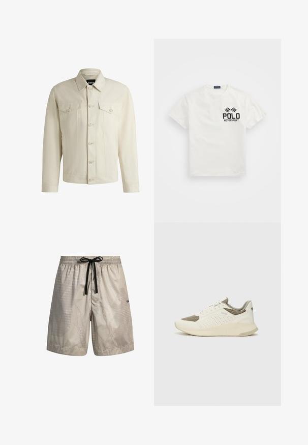 Helle beige Jeansjacke mit klassischem Kragen, vorderem Knopfverschluss, zwei Brusttaschen und dezenten Nähdetails. Sanfte Textur.; Weißes Baumwoll-T-Shirt mit Rundhalsausschnitt, das auf der linken Brust ein schwarzes "Polo Motorsport"-Logo und gekreuzte Zielflaggen zeigt.; Helle graue Badeshorts mit abstraktem Muster, elastischem Bund und schwarzem Kordelzug. Verfügt über dezente Markenkennzeichnung am unteren Bein.; Weiße und hellbeige Sport Sneakers, ausgestattet mit einem Obermaterial aus Netzgewebe, perforierten Details und einer strukturierten Zwischensohle mit Branding an der Ferse.