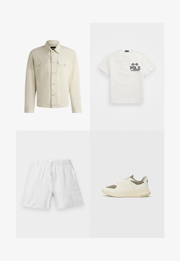 Ljus beige denimjacka med en klassisk krage, knappstängning framtill, två bröstfickor och subtila sömdetaljer. Slät textur.; Vit bomulls T-shirt med rund hals, med en svart "Polo Motorsport" logotyp och korsade rutig flaggor på vänster bröst.; Vita linnebyxor med elastisk midja och dragsko, med sidofickor, visade mot en enkel bakgrund.; Vit och ljusbeige atletisk sneaker med ett meshöverdrag, perforerade detaljer och en texturerad mellansula med varumärke på hälen.