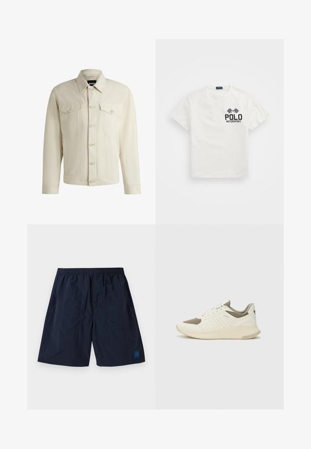 Lyse beige denimjakke med klassisk krave, frontknaplukning, to brystlommer og subtile syninger. Glat overflade.; Hvid bomulds T-shirt med rund hals, med et sort "Polo Motorsport" logo og krydsede ternede flag på venstre bryst.; Marineblå shorts lavet af letvægtsmateriale med en elastisk talje og et lille firkantet GAP-logo nederst til højre.; Hvide og lyse beige sportssko med en mesh-overdel, perforerede detaljer og en tekstureret mellemsål med branding på hælen.