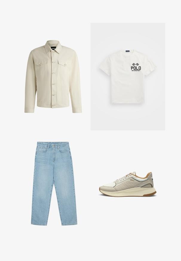 Vaalea beige farkkutakki, jossa on klassinen kaulus, nappikiinnitys edessä, kaksi rintataskua ja hienovaraiset tikkausten yksityiskohdat. Silkkinen rakenne.; Valkoinen puuvillapaita, jossa on pyöreä kaula-aukko. Paidassa on musta "Polo Motorsport" -logo ja ristikkäiset ruutuliput vasemmassa rinnassa.; Vaaleansiniset farkut, joissa on korkea vyötärö ja leveä lahje. Ominaisuuksiin kuuluvat etutaskut, yksi takatasku ja metallinen napitus.; Vaalea beige tennari, jossa on nahka- ja verkkopintaiset päälliset, rei'itetty malli, ruskeat yksityiskohdat kantapäässä ja rakennettu kumipohja. Logo sivulla.