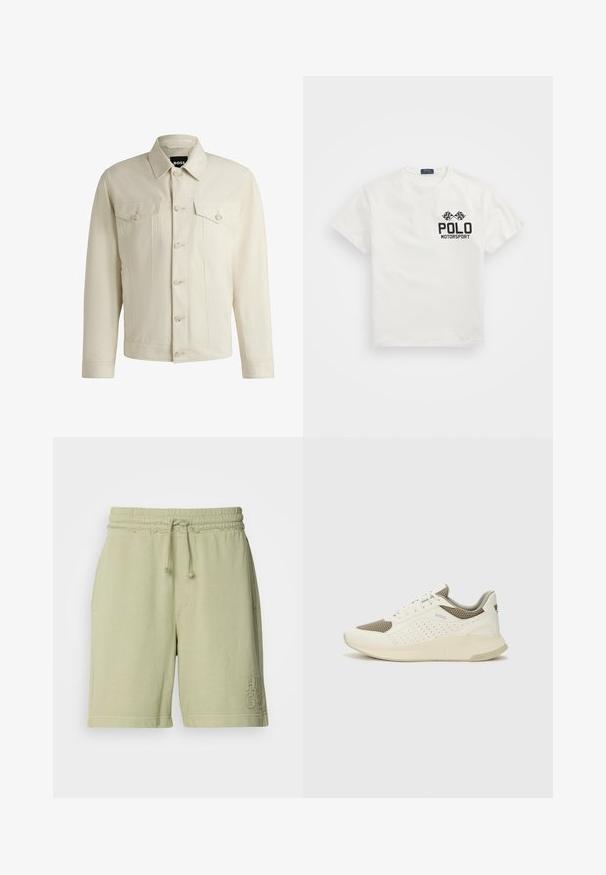 Light beige denim jacket with a classic collar, front button closure, two chest pockets, and subtle stitching details. Smooth texture.; White cotton T-shirt with a round neck, featuring a black "Polo Motorsport" logo and crossed checkered flags on the left chest.; Light green cotton blend shorts with an elastic waistband and adjustable drawstring. Features side pockets and embroidered logo on the leg.; White and light beige athletic sneaker, featuring a mesh upper, perforated detailing, and a textured midsole with branding on the heel.