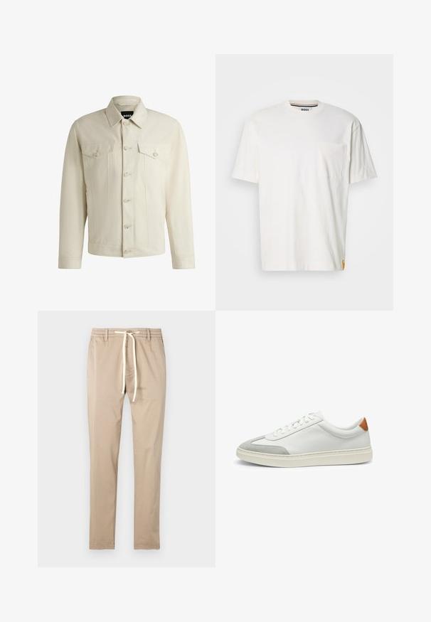Lichtbeige denimjas met een klassieke kraag, sluiting met knopen aan de voorkant, twee borstzakken en subtiele stikdetails. Gladde textuur.; Witte katoenen t-shirt met een ronde hals, korte mouwen en een linkse borstzak. Bevat een klein logo-label op de zijnaad.; Beige katoenen broek met een elastische tailleband, trekkoordsluiting en recht gesneden ontwerp. Gladde textuur zonder zichtbare patronen of accenten.; Witte leren sneakers met grijze suede accenten en een tan leren hieltab. Kenmerkt zich door een textuurovervlak en een lichtgewicht zool.