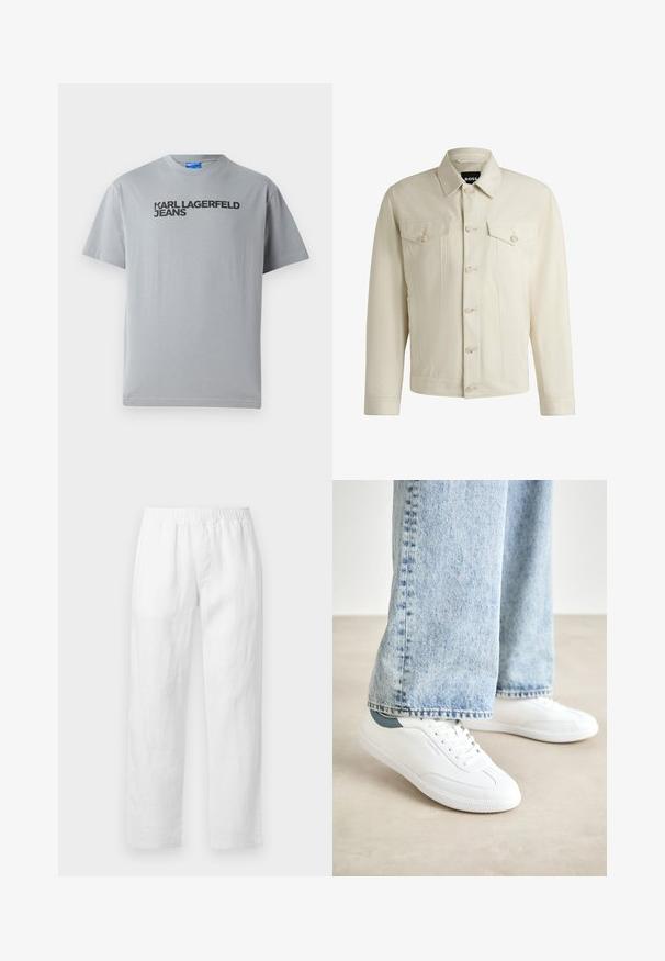 Vaalea beige farkkutakki, jossa on klassinen kaulus, nappikiinnitys edessä, kaksi rintataskua ja hienovaraiset tikkausten yksityiskohdat. Silkkinen rakenne.; Harmaa puuvillapaita, jossa on lyhyet hihat ja pyöreä kaula-aukko. Edessä musta teksti "KARL LAGERFELD JEANS".; Valkoiset pellavahousut, joissa on joustava vyötärönauha, suora lahjemalli ja pehmeä koostumus ilman näkyviä kuvioita tai metalliosia.; Valkoiset lenkkarit, joissa on sileä materiaali, nauhakiinnitys, teksturoitu kumipohja ja tealia korostava elementti kantapäässä, yhdistettynä vaaleansinihin farkkuihin.