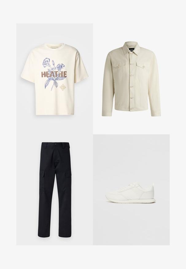 Lichtbeige denimjas met een klassieke kraag, sluiting met knopen aan de voorkant, twee borstzakken en subtiele stikdetails. Gladde textuur.; Crème katoenen t-shirt met blauwe bloemmotieven en dikke bruine tekst "HEATHE." Losse pasvorm met korte mouwen en een ronde hals.; Zwarte cargobroek van stevig materiaal, met een rechte pijp, twee zijzakken en een knoopsluiting bij de taille.; Witte sneaker met een bovenwerk van mesh en synthetisch materiaal, ronde neus, platte veters en een getextureerde zijstrip. Rubberen zool met een lusje aan de achterkant.