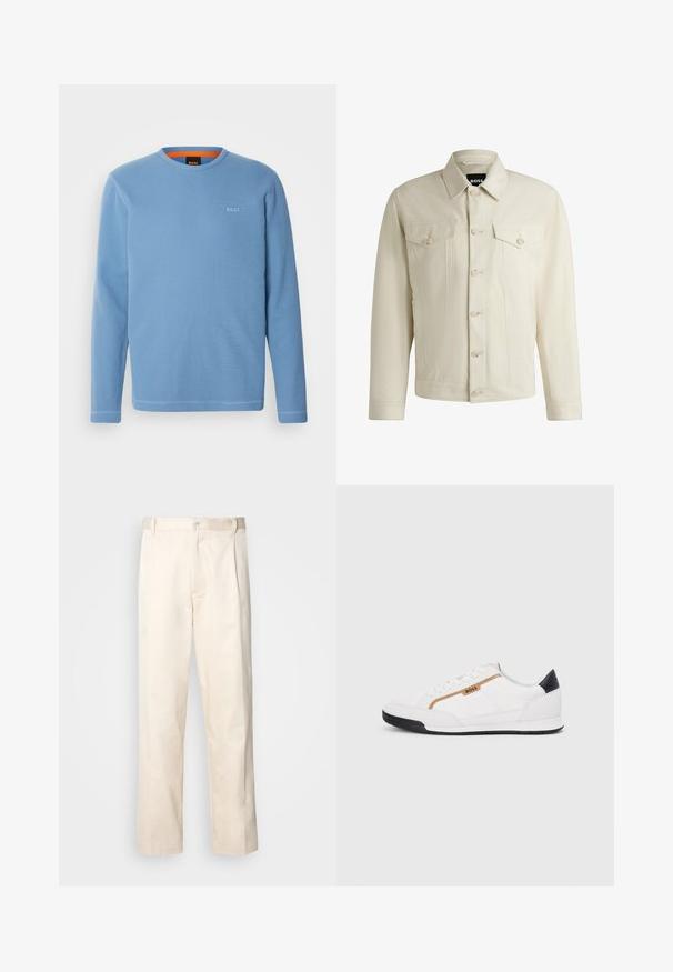 Helle beige Jeansjacke mit klassischem Kragen, vorderem Knopfverschluss, zwei Brusttaschen und dezenten Nähdetails. Sanfte Textur.; Himmelblaues Langarmshirt mit geripptem Stoff. Es hat einen runden Halsausschnitt und ein kleines gesticktes "BOSS"-Logo auf der Brust.; Beige Baumwollhose mit geradem Bein, ausgestattet mit einem Knopfverschluss und Falten an der Vorderseite für zusätzliche Details.; Weiße Sportschuhe mit Mesh- und Lederelementen. Ausgestattet mit einem goldenen "BOSS"-Logo, strukturierten Seitenpaneelen und einer schwarzen Fersenkappe. Gummisohle.