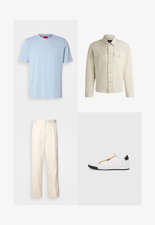 Giacca di jeans color beige chiaro con colletto classico, chiusura frontale con bottoni, due tasche sul petto e dettagli di cucitura sottili. Texture liscia.; T-shirt in cotone azzurro chiaro con collo rotondo e maniche corte. Presenta un logo bianco "HUGO" sul petto e un'etichetta interna rossa.; Pantaloni in cotone beige con taglio dritto, dotati di chiusura a bottone e pence sul davanti per un tocco di dettaglio in più.; Scarpe sportive bianche con accenti in rete e pelle. Presentano un logo dorato "BOSS", pannelli laterali testurizzati e un copri tallone nero. Suola in gomma.