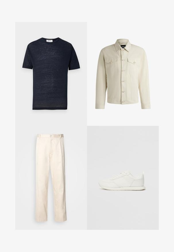Vaalea beige farkkutakki, jossa on klassinen kaulus, nappikiinnitys edessä, kaksi rintataskua ja hienovaraiset tikkausten yksityiskohdat. Silkkinen rakenne.; Laivaston sininen lyhythihainen t-paita, joka on valmistettu kevyestä, teksturoidusta kankaasta. Varustettu klassisella pyöreällä kaula-aukolla ja rentouttavalla istuvuudella.; Vaaleanbeige puuvillahousut, joissa on suora lahje, varustettu nappisulkeisella ja etupuolella olevilla laskoksilla lisäyksinä.; Valkoiset tennarit, joissa on verkkokankainen ja synteettinen yläosa, pyöreä kärki, litteät nauhat sekä teksturoitu sivuviiru. Kumipohja ja vetoketju takana.