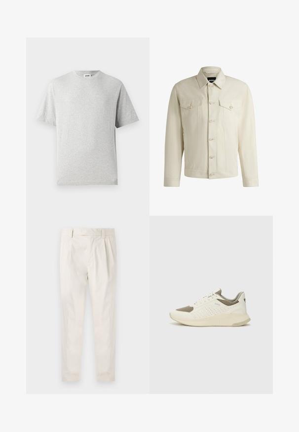 Giacca di jeans color beige chiaro con colletto classico, chiusura frontale con bottoni, due tasche sul petto e dettagli di cucitura sottili. Texture liscia.; T-shirt grigio a maniche corte realizzato in tessuto morbido. Presenta un collo rotondo, una vestibilità rilassata e nessun motivo o logo. Texture liscia in tutto.; Pantaloni bianchi plissettati con taglio su misura, caratterizzati da una texture liscia, passanti per la cintura e gambe affusolate. Nessuna tasca o motivo visibile.; Sneaker atletica bianca e beige chiaro, con tomaia in mesh, dettagli perforati e una suola intermedia texturizzata con marchio sul tallone.