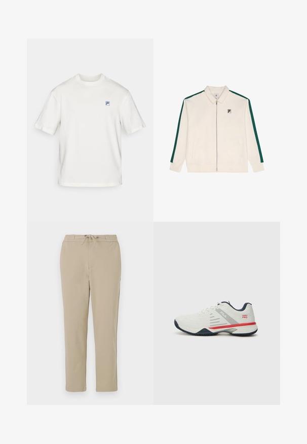 Chaqueta blanca con cremallera y franjas laterales verdes, textura suave, cuello y dos bolsillos frontales. Presenta un logo en la parte izquierda del pecho.; Camiseta de algodón blanca con mangas cortas, cuello redondo y un pequeño logotipo rectangular azul impreso en el lado izquierdo del pecho. Textura suave.; Pantalones de lounge beige con cinturilla elástica y cordón, que presentan un diseño de pierna recta y una textura suave y lisa.; Zapatilla deportiva blanca con acentos en gris y rojo, parte superior de malla texturizada, suela flexible y un diseño de panel lateral distintivo. Presenta cierre con cordones.