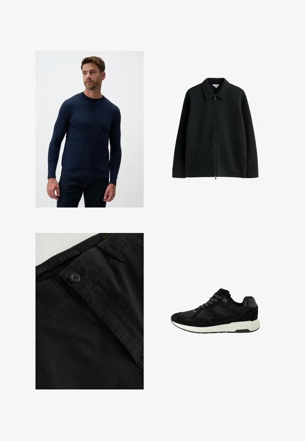 Zwarte langemouwen jas met spitse kraag, ritssluiting aan de voorkant en twee verticale zijzakken, gepresenteerd op een witte achtergrond.; Marineblauwe, lange mouw crewneck trui gemaakt van een zachte breimateriaal. Heeft ribgebreide manchetten en zoom voor een comfortabele pasvorm.; Zwarte katoenen broeken met een gladde textuur, een knoopsluiting, riemlussen en een tailleband. Bovenaanzicht dat de stof benadrukt.; Zwarte sportieve schoen van suede en mesh, met een ronde neus, vetersluiting en een witte rubberen zool met textuuraccenten.