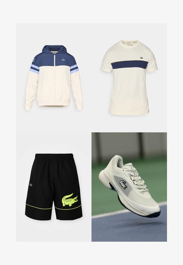 Kapišoninė striukė kremiškoje, tamsiai mėlynoje ir šviesiai mėlynoje spalvose su užtrauktuku, elastingomis rankovėmis ir Lacoste logotipu ant krūtinės. Ypatybė - spalvų blokų dizainas.; Kremo ir tamsiai mėlynas Lacoste marškinėliai su apvaliu iškirpimu, trumpomis rankovėmis ir horizontaliu spalvų blokavimu. Puošia žalias krokodilo logotipas.; Juodos sportinės šortai su elastine juostele, neoninės geltonos spalvos krokodilo logotipas dešinėje kojoje, mažesnis logotipas kairėje kojoje ir neoninės geltonos spalvos apdailos detalė.; Balti sportiniai batai su tinkliniais viršutiniais, juodais akcentais, tekstūruotu padu ir išryškintu logotipu šone, eksponuojami prieš teismo foną.