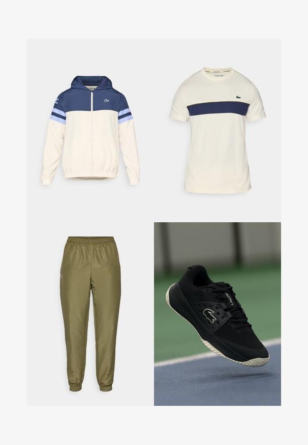 Casaco com capuz em creme, azul marinho e azul claro, com fecho de correr, punhos elásticos e logotipo Lacoste no peito. Apresenta um design em blocos de cor.; T-shirt Lacoste creme e azul marinho com um decote redondo, mangas curtas e um bloco de cor horizontal. Apresenta um logo de crocodilo verde.; Calças jogger verde-oliva com um cós elástico, punhos afunilados e um pequeno detalhe de logotipo. Feitas de um tecido suave e leve.; Sapatilha atlética preta com superior texturizado e detalhes lisos, apresentando um logo branco, design de atacadores e sola de borracha flexível.