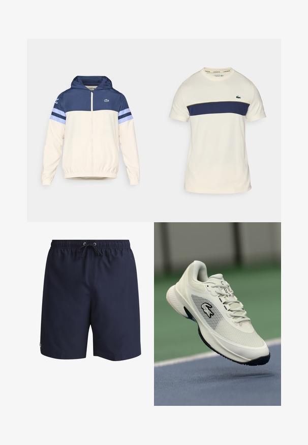 Kapsáč v krémové, námořnické a světle modré barvě se zipem, elastickými manžetami a logem Lacoste na hrudi. Má design s blokováním barev.; Krémové a navy modré tričko Lacoste s kulatým výstřihem, krátkými rukávy a horizontálním barevným blokem. Obsahuje zelené logo krokodýla.; Námořnické modré plavky vyrobené z lehkého materiálu, s elastickým pasem a šňůrkou na stažení, a malým logem na boku.; Bílé sportovní tenisky s síťovinovým svrškem, černými akcenty, strukturovanou podrážkou a výrazným logem na boku, vystavené na pozadí hřiště.