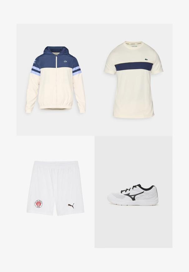 Kapišoninė striukė kremiškoje, tamsiai mėlynoje ir šviesiai mėlynoje spalvose su užtrauktuku, elastingomis rankovėmis ir Lacoste logotipu ant krūtinės. Ypatybė - spalvų blokų dizainas.; Kremo ir tamsiai mėlynas Lacoste marškinėliai su apvaliu iškirpimu, trumpomis rankovėmis ir horizontaliu spalvų blokavimu. Puošia žalias krokodilo logotipas.; Baltos sportinės šortai su elastinga juosta, FC St. Pauli logo raudonos ir pilkos spalvos, ir rudas Puma logotipas dešiniajame apačioje.; Baltos sportinės bateliai su juodais akcentais, tinklinė medžiaga, raištelių uždėjimo dizainas, apvalus pirštas ir tekstūruotas padas. Ant šono yra logotipas.
