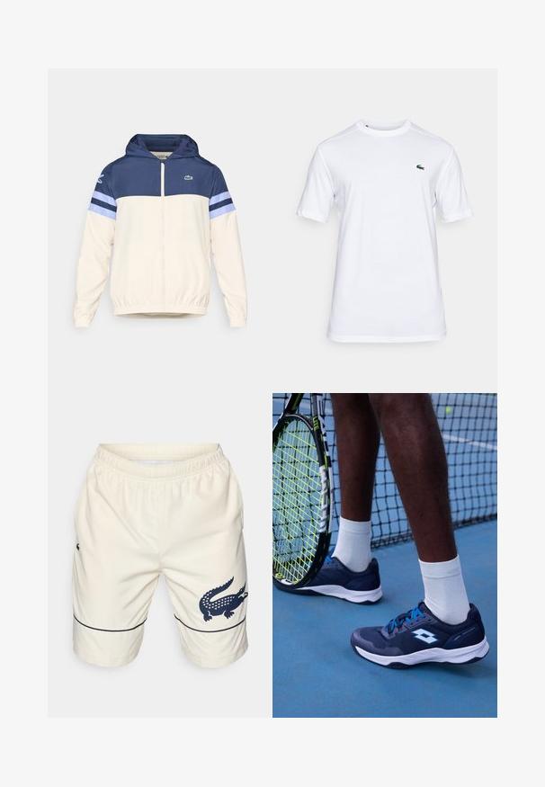 Casaco com capuz em creme, azul marinho e azul claro, com fecho de correr, punhos elásticos e logotipo Lacoste no peito. Apresenta um design em blocos de cor.; T-shirt de algodão branco com decote redondo, mangas curtas e um pequeno logótipo de crocodilo verde no lado esquerdo do peito. Textura suave, corte regular.; Calções de cor creme feitos de material texturizado com um cós elástico. Apresenta um logótipo de crocodilo azul-marinho e um detalhe azul na bainha.; Tênis de marinheiro com detalhes azuis, material em malha e sintético, sola com amortecimento, e meias brancas numa quadra azul com uma raquete de tênis.