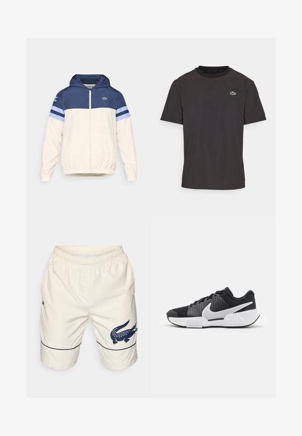 Chaqueta con capucha en crema, azul marino y azul claro con cierre de cremallera, puños elásticos y logotipo de Lacoste en el pecho. Presenta un diseño a bloques de color.; Camiseta negra de manga corta hecha de una tela suave, con un cuello redondo y un pequeño logo de cocodrilo verde en el lado izquierdo del pecho.; Pantalones cortos color crema hechos de un material texturizado con una cintura elástica. Presentan un logo de cocodrilo en color marino y un detalle de línea azul en el dobladillo.; Zapatillas deportivas negras con parte superior texturizada, logo de swoosh blanco, talón acolchado y suela blanca contrastante con un patrón en zigzag.