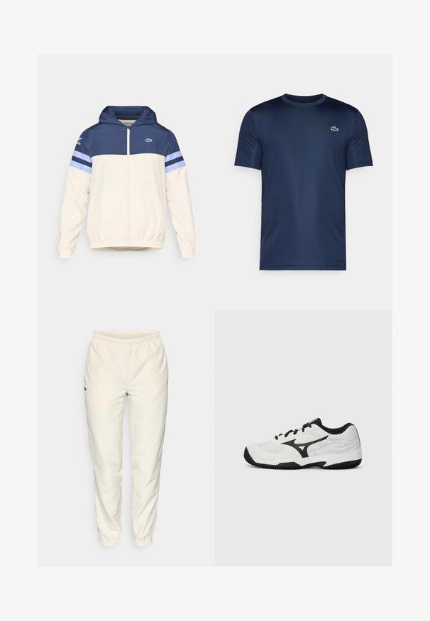 Jachetă cu glugă în crem, bleumarin și bleu deschis, cu închidere prin fermoar, manșete elastice și logo-ul Lacoste pe piept. Prezintă un design în blocuri de culoare.; Tricou cu mânecă scurtă, de culoare albastru marin, realizat dintr-un material neted, având un mic logo brodat cu un crocodil verde pe partea stângă a pieptului.; Pantaloni sportivi de culoare crem, cu talie elastică, picioare conice și un mic logo verde închis pe partea stângă. Material neted și ușor.; Săptămâna albă de sport cu accente negre, având o parte superioară din plasă, talpă texturată și un design cu șireturi pentru o potrivire sigură. Zone întărită a vârfului.