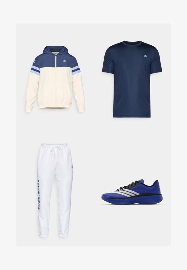 Kapišoninė striukė kremiškoje, tamsiai mėlynoje ir šviesiai mėlynoje spalvose su užtrauktuku, elastingomis rankovėmis ir Lacoste logotipu ant krūtinės. Ypatybė - spalvų blokų dizainas.; Tamsiai mėlyna trumpomis rankovėmis marškinėliai, pagaminti iš lygaus audinio, su mažuoju žaliu krokodilo logotipu, siuvinėtu kairėje krūtinės pusėje.; Baltos sportinės kelnės su elastinga juosta ir raišteliu. Kelnėse yra mėlynas logotipas ir prekės ženklo pavadinimas "Sergio Tacchini" šone, prigludę rankogaliai.; adidas Performance ADIZERO SELECT 3.0 - Krepšinio batai - lucid blue/core black/metallic