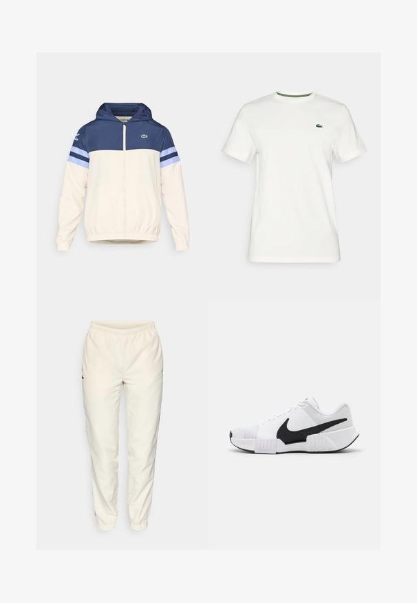 Kapuzensh Jacket in Creme, Marineblau und Hellblau mit Reißverschluss, elastischen Bündchen und Lacoste-Logo auf der Brust. Verfügt über ein Farbblockdesign.; Weißes Baumwoll-T-Shirt mit kurzen Ärmeln, das an dem Kragen einen grünen Akzent und ein kleines grünes Logo auf der linken Brust aufweist.; Cremefarbene Sporthose mit einem elastischen Bund, tapered Beinen und einem kleinen dunkelgrünen Logo an der linken Seite. Glattes, leichtes Material.; Weiße Sportschuhe mit schwarzen Akzenten. Texturierte Mesh-Einsätze, gepolsterter Schaft und Gummisohle. Hervorstechendes schwarzes Swoosh-Logo.