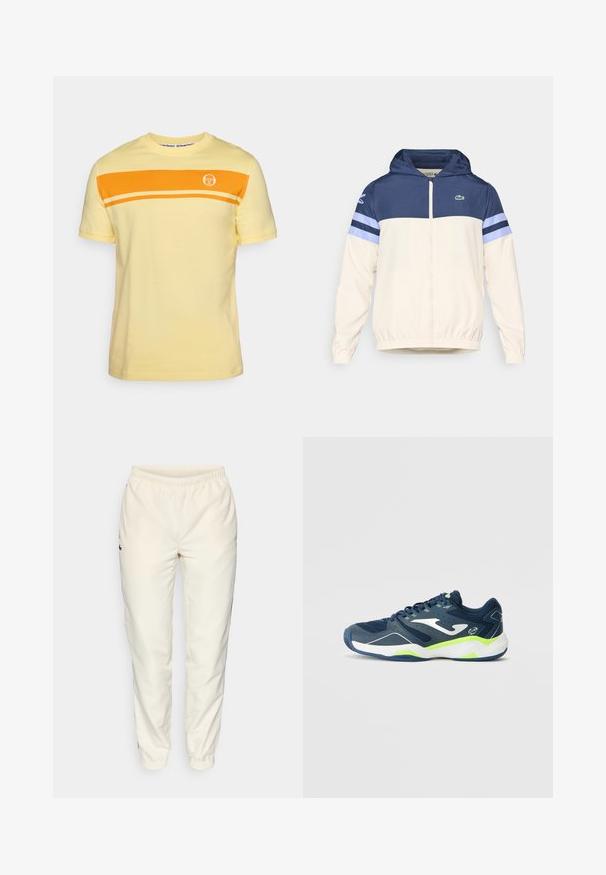 Kapsáč v krémové, námořnické a světle modré barvě se zipem, elastickými manžetami a logem Lacoste na hrudi. Má design s blokováním barev.; Žluté bavlněné tričko s kulatým výstřihem, krátkými rukávy a oranžovým vodorovným pruhem přes hruď s logem.; Krémové sportovní kalhoty s elastickým pasem, zúženými nohavicemi a malým tmavě zeleným logem na levé straně. Hladký, lehký materiál.; Námořnická sportovní obuv s vrchní částí z prodyšné síťoviny, bílými akcenty, detaily v limetkové barvě a texturovanou bílou podrážkou. Zaoblená špička a polstrovaný límec pro pohodlí.