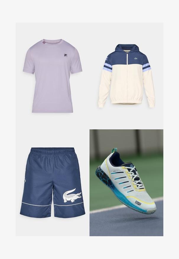 Casaco com capuz em creme, azul marinho e azul claro, com fecho de correr, punhos elásticos e logotipo Lacoste no peito. Apresenta um design em blocos de cor.; T-shirt desportivo de cor roxa clara, feito de um tecido suave. Apresenta um logo preto no peito e riscas contrastantes no colarinho. Mangas curtas.; Calções de banho azul-marinho com um tecido texturizado, cintura elástica e logótipo de crocodilo branco com detalhes geométricos na lateral.; Sapatilha atlética branca com detalhes em amarelo e azul, parte superior em malha, design riscado, apresentando uma sola texturizada com um padrão azul distinto.