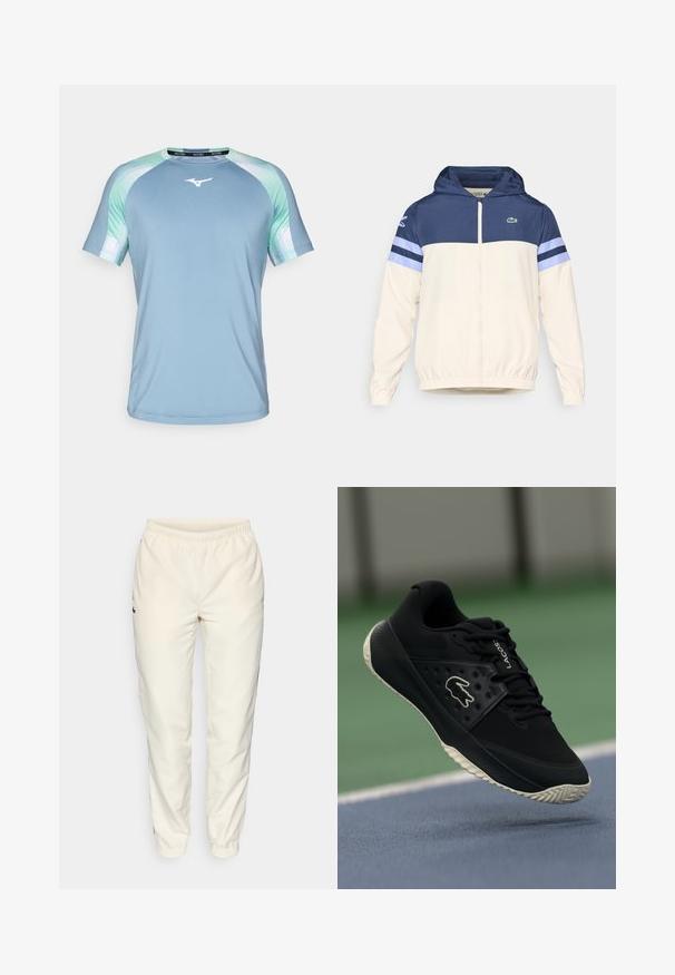 Hættejakke i creme, marineblå og lyseblå med lynlåslukning, elastiske manchetter og Lacoste-logo på brystet. Har farveblokeringsdesign.; Lys blå atletisk skjorte lavet af glat stof. Har raglanærmer med grønne og mønstrede detaljer. Hvidt logo på brystet.; Cremefarvede træningsbukser med elastisk talje, tilspidsede ben og et lille mørkegrønt logo på venstre side. Glat, letvægtsstof.; Sort atletiske sko med en struktureret overdel og glatte elementer, der har et hvidt logo, snørebåndsdesign og fleksibel gummisål.