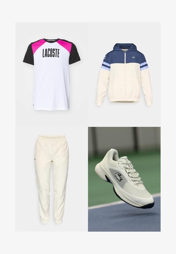 Hooded jaka krēmkrāsā, jūras zilā un gaiši zilo ar rāvējslēdzēju, elastīgām piedurknēm un Lacoste logotipu uz krūtīm. Iespējams krāsu bloku dizains.; Balta T-kreklu ar īsām piedurknēm, ar rozā un melnām raglanu piedurknēm, priekšpusē liels "LACOSTE" uzraksts un mazs logo apakšmalā.; Krēma krāsas sporta bikses ar elastīgu jostu, sašaurinātiem diegiem un mazu tumši zaļu logotipu kreisajā pusē. Gluda, viegla auduma.; Balti sporta apavi ar sieta materiāla augšpusi, melniem akcentiem, teksturētu zoli un izteiktu logo sānos, attēloti pret sporta laukuma fonu.