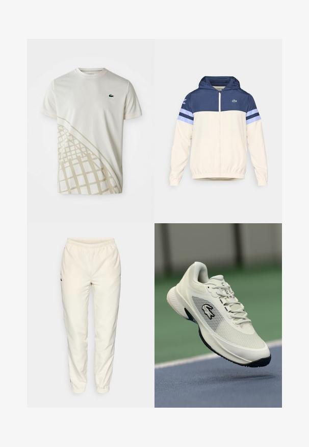 Μπουφάν με κουκούλα σε κρεμ, ναυτικό και ανοιχτό μπλε, με φερμουάρ, ελαστικές μανσέτες και λογότυπο Lacoste στο στήθος. Διαθέτει σχέδιο χρωματικών αποκλεισμών.; Λευκό T-shirt κοντό μανίκι με γεωμετρικό μπεζ σχέδιο στο κάτω μέρος, με ένα μικρό πράσινο λογότυπο κροκοδείλου Lacoste στο στήθος.; Κρεμ χρώματος αθλητικό παντελόνι με ελαστική μέση, κομμένα πόδια και μικρό σκούρο πράσινο λογότυπο στην αριστερή πλευρά. Λείος, ελαφρύς ύφασμα.; Λευκό αθλητικό παπούτσι με διχτυωτό επάνω μέρος, μαύρες λεπτομέρειες, υφή στη σόλα και έντονο λογότυπο στο πλάι, τοποθετημένο σε φόντο γηπέδου.