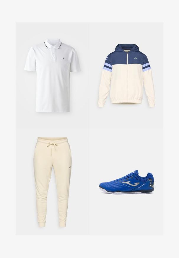 Kurtka z kapturem w kremowym, granatowym i jasnoniebieskim kolorze, z zamkiem błyskawicznym, elastycznymi mankietami i logo Lacoste na piersi. Posiada wzór w blokach kolorystycznych.; Biała koszulka polo z krótkimi rękawami, na dwa guziki i czarnym wykończeniem kołnierzyka. Posiada małe czarne logo na klatce piersiowej.; Kremowe dresy wykonane z miękkiego materiału, z elastycznym pasem z sznurkiem, bocznymi kieszeniami i ściągaczami przy nogawkach.; Niebieskie buty sportowe z oddychającą siateczkową cholewką, teksturowanymi syntetycznymi nakładkami, srebrnymi akcentami i białą gumową podeszwą.