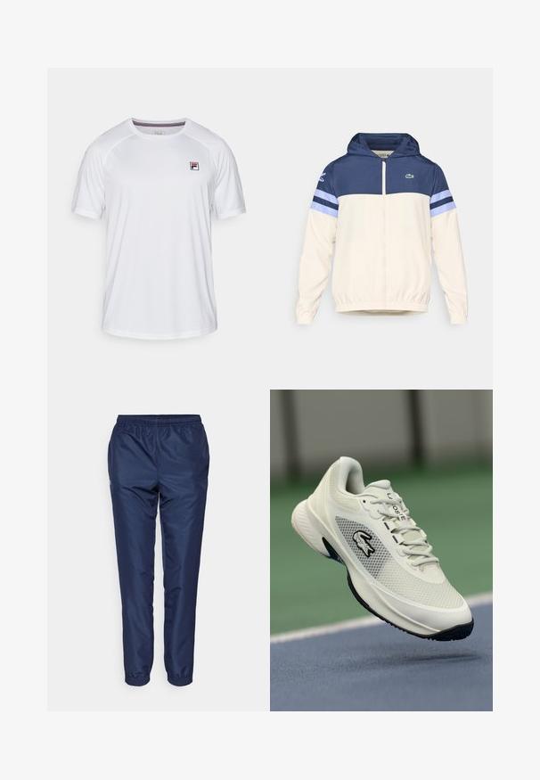 Hoodiejacka i kräm, marinblå och ljusblå med dragkedja, elastiska ärmslut och Lacoste-logotyp på bröstet. Har en färgblocked design.; Vit sportt-shirt med kort ärm, rund halsringning och liten rektangulär Fila-logotyp i röd, blå och svart på övre vänstra bröstet.; Marinblå träningsoverallsbyxor i lättviktsmaterial, med elastisk midjeband och avsmalnande ben som har elastiska mudd vid anklarna.; Vit sportig sneaker med ovandel i mesh, svarta accenter, texturerad sula och framträdande logotyp på sidan, visad mot en bakgrund av en tennisbana.