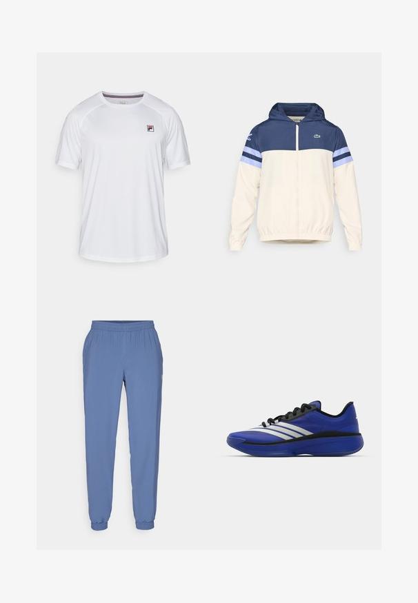 Chaqueta con capucha en crema, azul marino y azul claro con cierre de cremallera, puños elásticos y logotipo de Lacoste en el pecho. Presenta un diseño a bloques de color.; Camiseta atlética blanca de manga corta, con cuello redondeado y pequeño logo rectangular de Fila en rojo, azul y negro en la parte superior izquierda del pecho.; Pantalones de chándal ligeros y azules con una cinturilla y puños elásticos. Presentan una textura suave y un pequeño logo en el lateral.; adidas Performance ADIZERO SELECT 3.0 - Zapatillas de baloncesto - lucid blue/core black/metallic