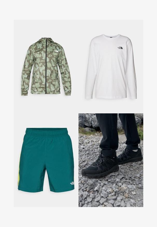 The North Face MOUNTAIN ATHLETICS - Cortaviento - new taupe/green; Camiseta de manga larga blanca de algodón con cuello redondo. Presenta un pequeño logotipo negro en el pecho. Textura suave, corte regular.; Pantalones cortos color teal con cintura elástica, acentos amarillos laterales y un pequeño logo blanco en la parte inferior de la pierna derecha, fabricados en tela ligera.; Zapatos exteriores negros con malla y material sintético, que presentan un upper texturizado, un sistema de cordones seguro y una suela robusta, sobre terreno rocoso.