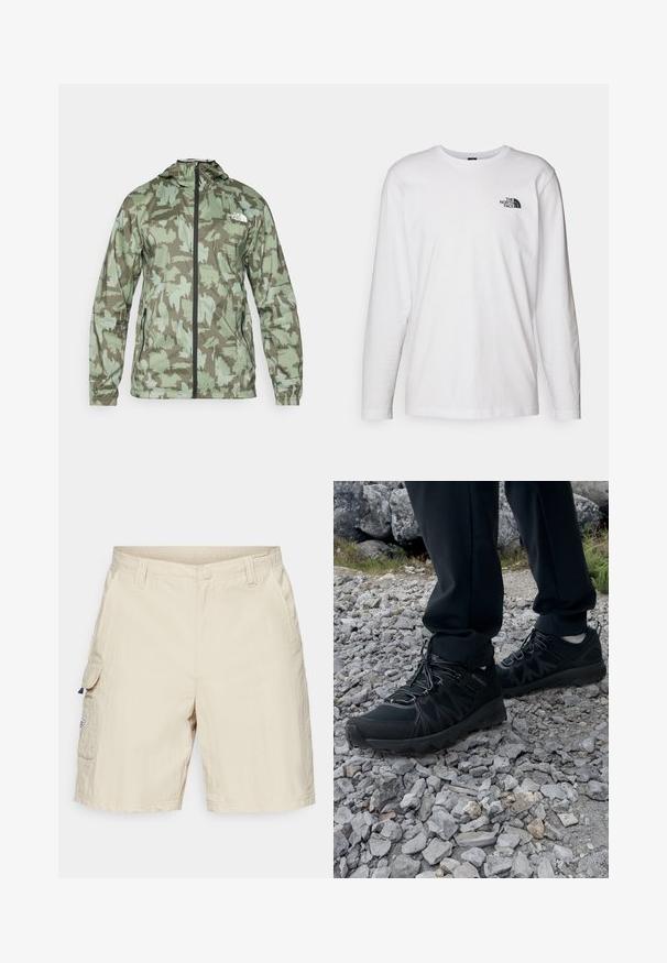 The North Face MOUNTAIN ATHLETICS - Giacca a vento - new taupe/green; T-shirt bianco a maniche lunghe in cotone con colletto rotondo. Presenta un piccolo logo nero sul petto. Texture liscia, vestibilità regolare.; Pantaloni cargo beige con tasche laterali, chiusura con bottone e tessuto testurizzato. Presenta un piccolo etichetta sulla tasca sinistra.; Scarpe da esterni nere realizzate in mesh e materiale sintetico, con una parte superiore testurizzata, un sistema di allacciatura sicuro e una suola robusta, su terreno roccioso.