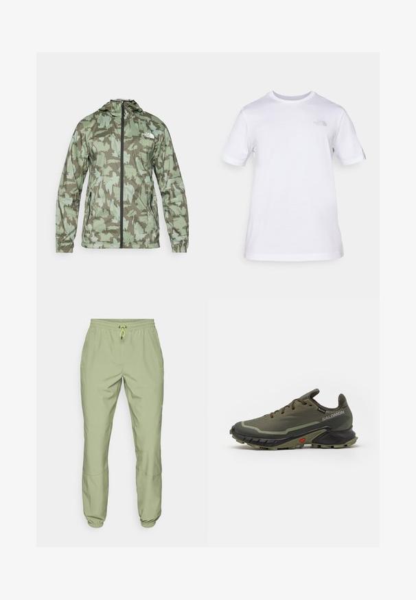 The North Face MOUNTAIN ATHLETICS - Vetrovka - new taupe/green; Bela bombažna majica s kratkimi rokavi in krožnim izrezom. Ima majhen sivi logo na levem prsnem delu. Gladka tekstura, standardna velikost.; Svijetlozelene atletske hlače s elastičnom gumicom u struku, zatvaranjem na brzo vezanje i manžetama na gležnjevima; sadrže dva bočna džepa i glatku teksturu.; Olivno zelene tekaške copate z teksturiranim zgornjim delom iz tkanine, črnim gumijastim podplatom, okroglim nosom in nastavljivim vezanjem. Imajo rdeče detajle.